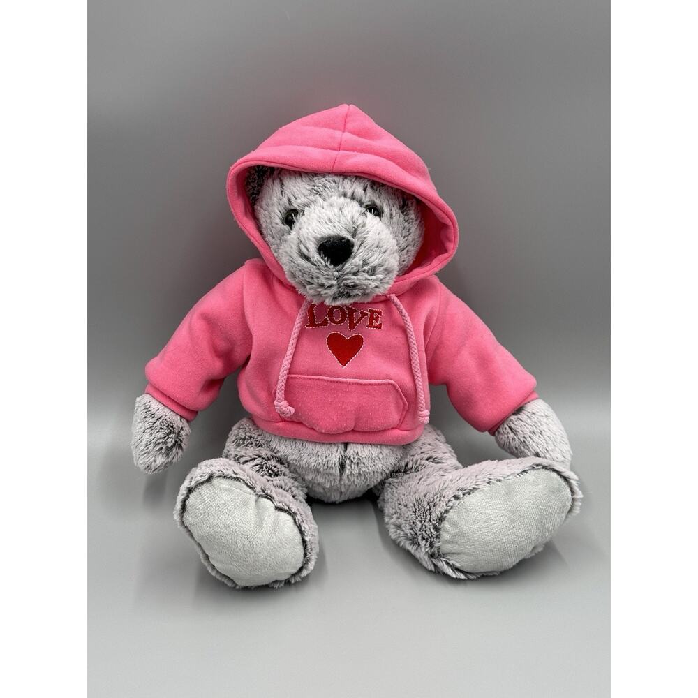 Frosted Gray Teddy Bear‎ Plush In Pink Hoodie W/ Heart 12” Stuffed Animal